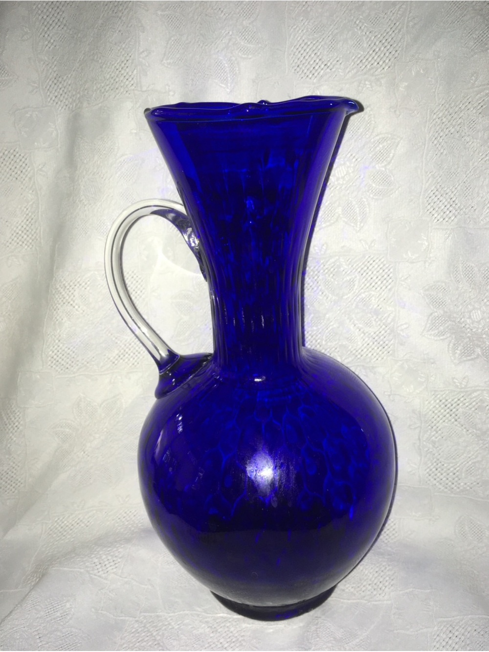 Vintage Empoli Cobalt Blue Glass Pitcher with Clear Handle